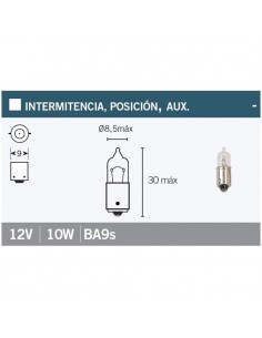 Caja de 10 lámparas bayoneta 9 mm 12Vx10W. Blanca